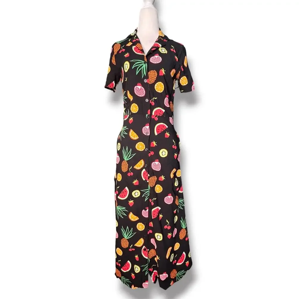 Sugarhill Brighton Fruit Print Button Front Midi Dress Black Novelty Whimsical